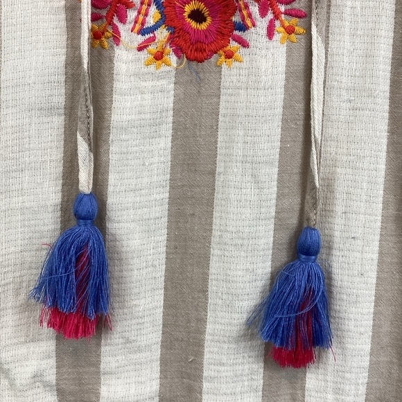 THML sleeveless tunic midi dress boho embroidered neckline tassel ties stripe M - Picture 4 of 12